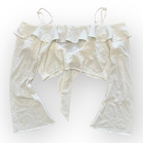 Tiger Mist White Ruffled Cold Shoulder‎ Tie Front Flare Sleeve Crop Top Size L - Picture 3 of 7